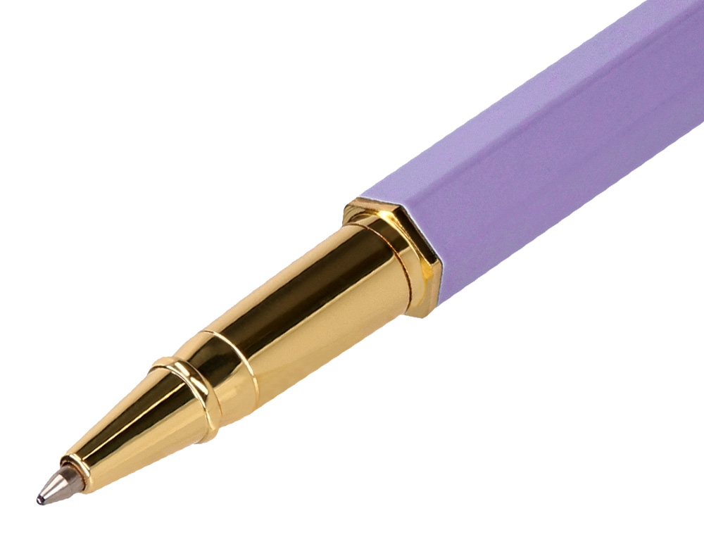 ESFEROGRAFICA BELIUS MACARON BLISS ALUMINIO DESENHO HEXAGONAL ROXO E DOURADO TINTA AZUL CAIXA DESIGN