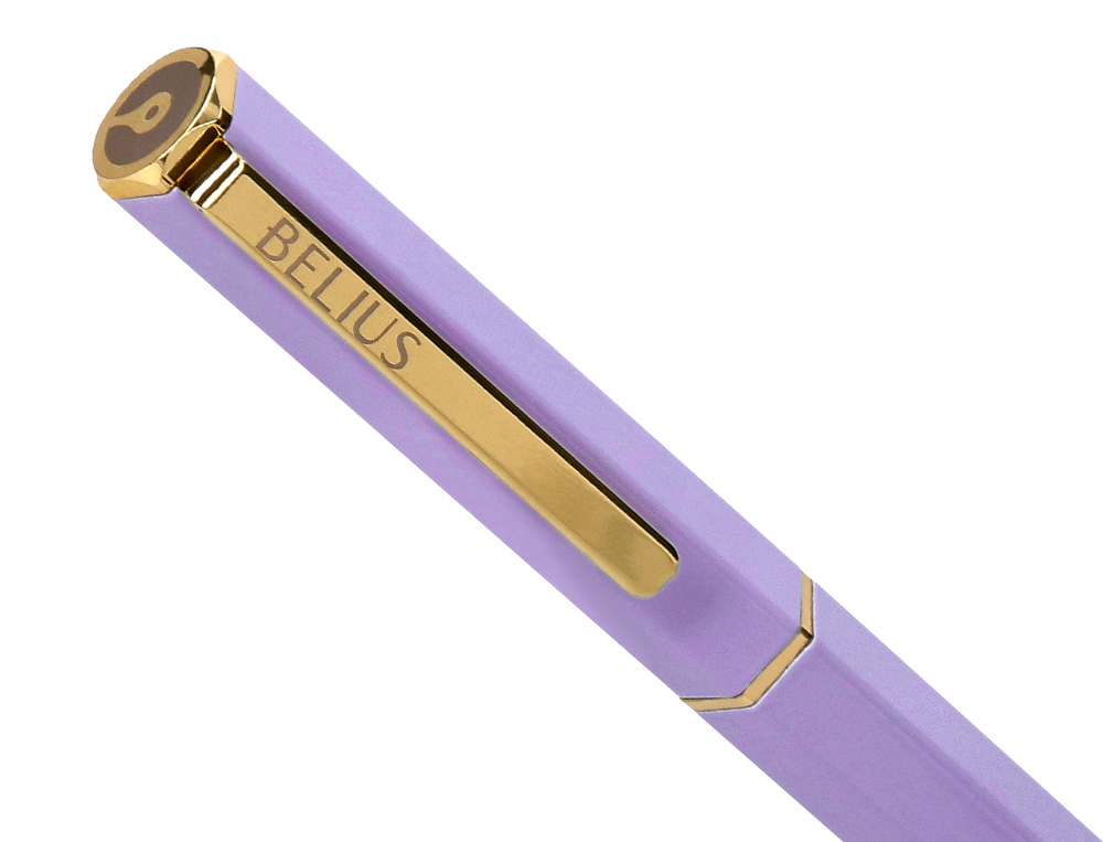 ESFEROGRAFICA BELIUS MACARON BLISS ALUMINIO DESENHO HEXAGONAL ROXO E DOURADO TINTA AZUL CAIXA DESIGN