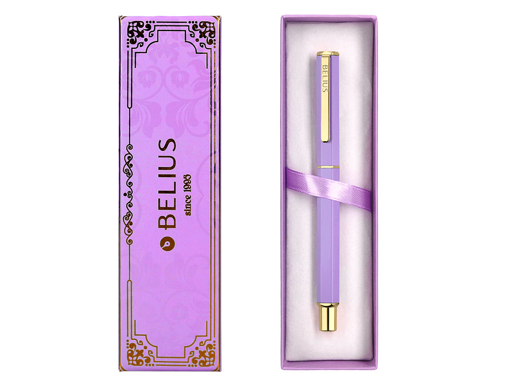 ESFEROGRAFICA BELIUS MACARON BLISS ALUMINIO DESENHO HEXAGONAL ROXO E DOURADO TINTA AZUL CAIXA DESIGN