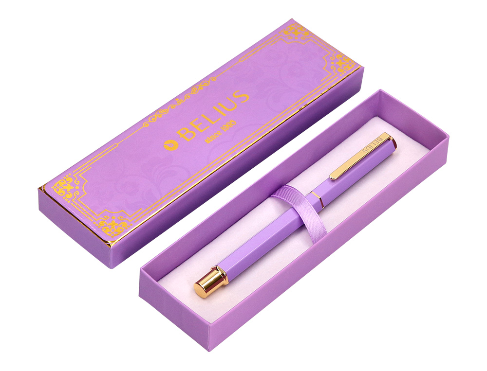 ESFEROGRAFICA BELIUS MACARON BLISS ALUMINIO DESENHO HEXAGONAL ROXO E DOURADO TINTA AZUL CAIXA DESIGN