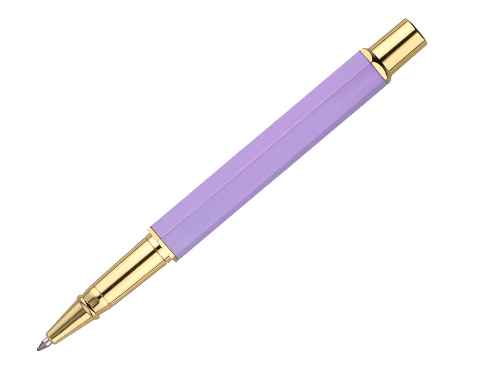 ESFEROGRAFICA BELIUS MACARON BLISS ALUMINIO DESENHO HEXAGONAL ROXO E DOURADO TINTA AZUL CAIXA DESIGN