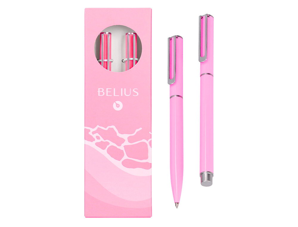 CONJUNTO ESFEROGRAFICA E ROLLER BELIUS ENDLESS SUMMER ALUMINIO DESENHO ROSA E PRATEADO TINTA AZUL CAIXA DESIGN