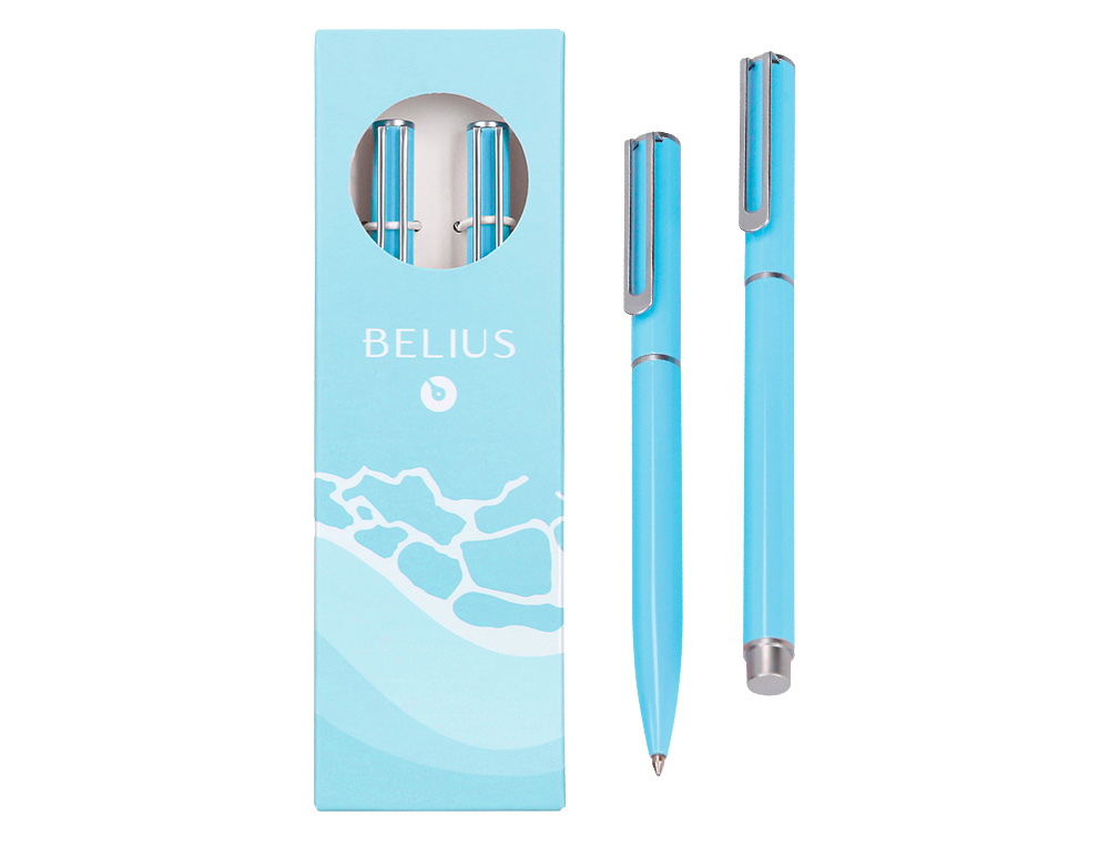 CONJUNTO ESFEROGRAFICA E ROLLER BELIUS ENDLESS SUMMER ALUMINIO DESENHO AZUL E PRATEADO TINTA AZUL CAIXA DESIGN