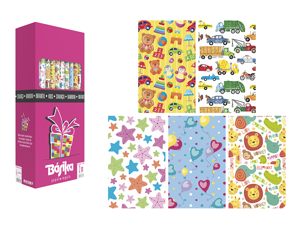 PAPEL FANTASIA BASIKA INFANTIL ROLO LARGURA 70 CM COMPRIMENTO 2 M DESENHOS SORTIDOS GRAMAGEM 60 GR