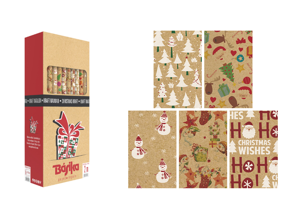 PAPEL FANTASIA BASIKA KRAFT NATAL ROLO LARGURA 70 CM COMPRIMENTO 2 M DESENHOS SORTIDOS GRAMAGEM 50 GR