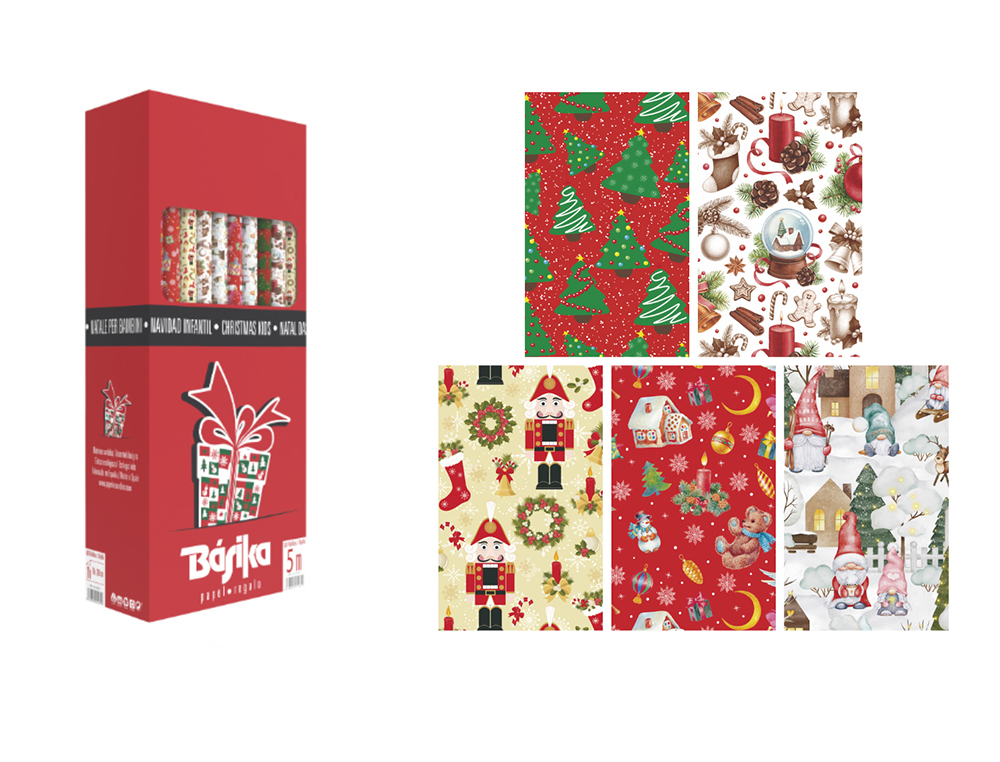 PAPEL FANTASIA BASIKA NATAL ROLO LARGURA 70 CM COMPRIMENTO 5 M DESENHOS SORTIDOS GRAMAGEM 50 GR