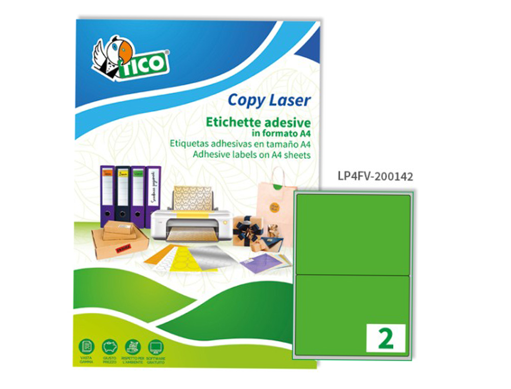ETIQUETA ADESIVA TICO VERDE FLUOR PERMANENTE CERTIFICADO FSC LASER/JATO TINTA/FOTOCOPIA 200X142 MM CAIXA 140 UDS