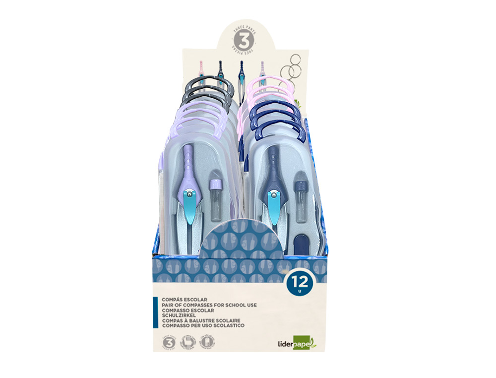 COMPASSO LIDERPAPEL LOCK DEVICE COM ADAPTADOR UNIVERSAL E TUBO DE MINAS EXPOSITOR COM 12 UNIDADES CORES SORTIDAS