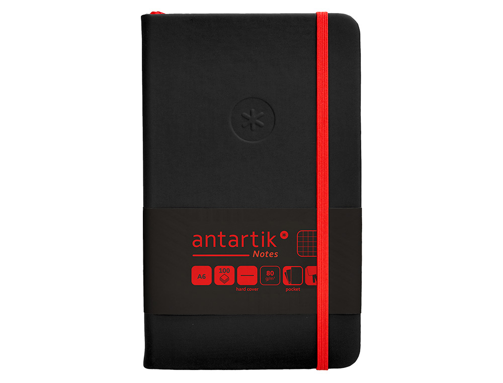 CADERNO COM ELASTICO ANTARTIK NOTES CAPA DURA A6 QUADRICULADO PRETO E VERMELHO 100 FOLHAS 80 GR FSC