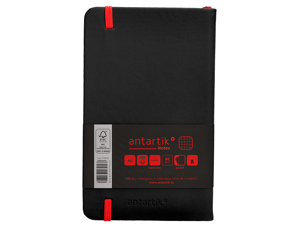 CADERNO COM ELASTICO ANTARTIK NOTES CAPA DURA A6 QUADRICULADO PRETO E VERMELHO 100 FOLHAS 80 GR FSC
