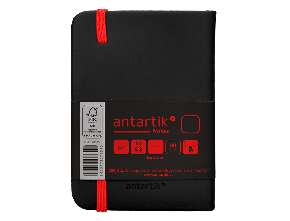 CADERNO COM ELASTICO ANTARTIK NOTES CAPA DURA A7 LISO PRETO E VERMELHO 80 FOLHAS 80 GR FSC