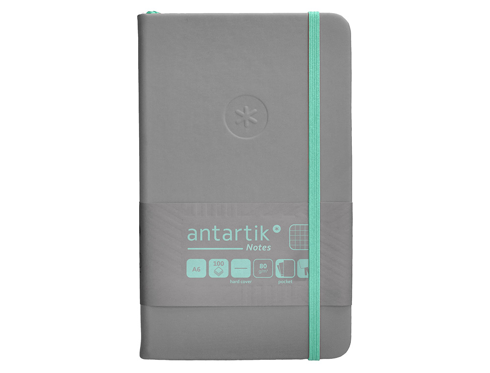 CADERNO COM ELASTICO ANTARTIK NOTES CAPA DURA A6 QUADRICULADO CINZA E TURQUESA 100 FOLHAS 80 GR FSC