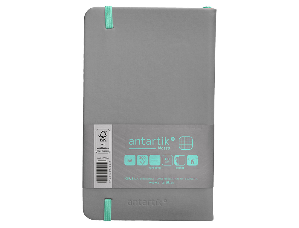 CADERNO COM ELASTICO ANTARTIK NOTES CAPA DURA A6 QUADRICULADO CINZA E TURQUESA 100 FOLHAS 80 GR FSC