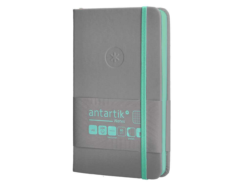 CADERNO COM ELASTICO ANTARTIK NOTES CAPA DURA A6 QUADRICULADO CINZA E TURQUESA 100 FOLHAS 80 GR FSC
