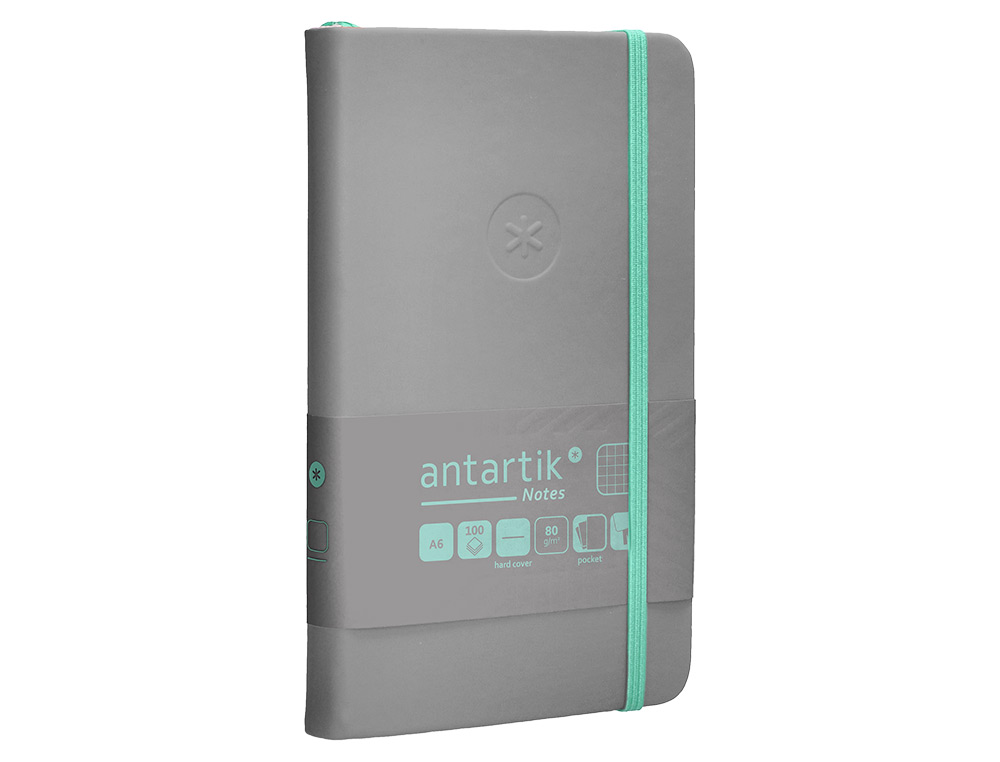 CADERNO COM ELASTICO ANTARTIK NOTES CAPA DURA A6 QUADRICULADO CINZA E TURQUESA 100 FOLHAS 80 GR FSC