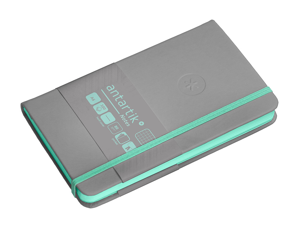 CADERNO COM ELASTICO ANTARTIK NOTES CAPA DURA A6 QUADRICULADO CINZA E TURQUESA 100 FOLHAS 80 GR FSC