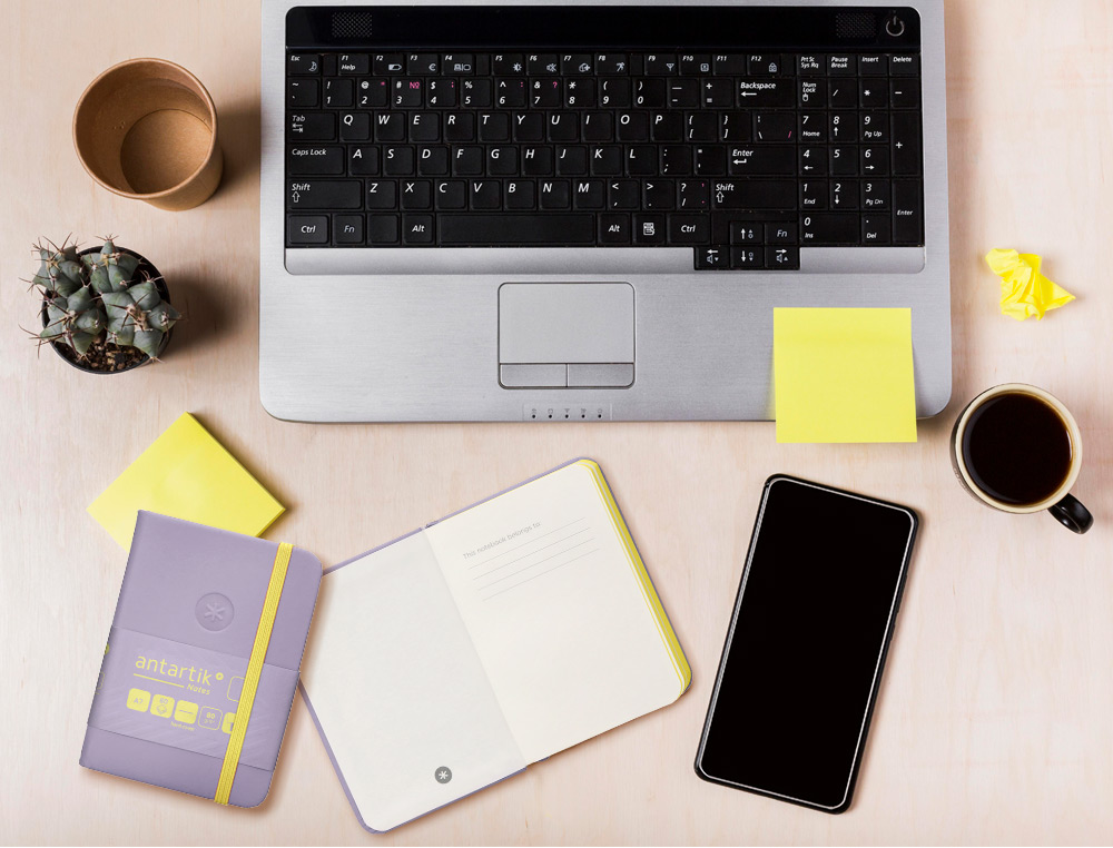 CADERNO COM ELASTICO ANTARTIK NOTES CAPA DURA A7 LISO ROXO E AMARELO 80 FOLHAS 80 GR FSC