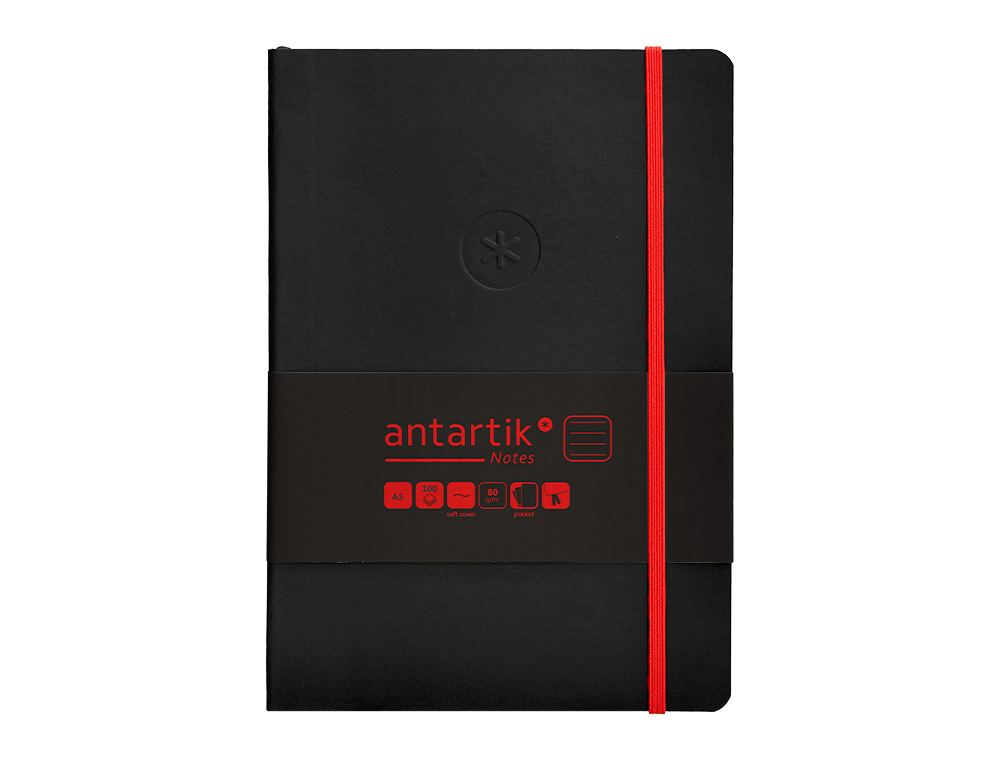 CADERNO COM ELASTICO ANTARTIK NOTES CAPA MOLE A5 PAUTADO PRETO E VERMELHO 80 FOLHAS 80 GR FSC