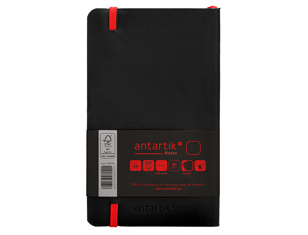 CADERNO COM ELASTICO ANTARTIK NOTES CAPA MOLE A6 LISO PRETO E VERMELHO 100 FOLHAS 80 GR FSC