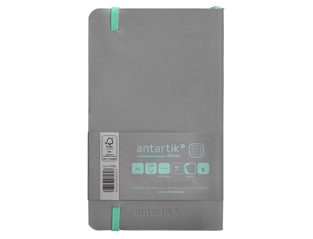 CADERNO COM ELASTICO ANTARTIK NOTES CAPA MOLE A6 QUADRICULADO CINZA E TURQUESA 100 FOLHAS 80 GR FSC