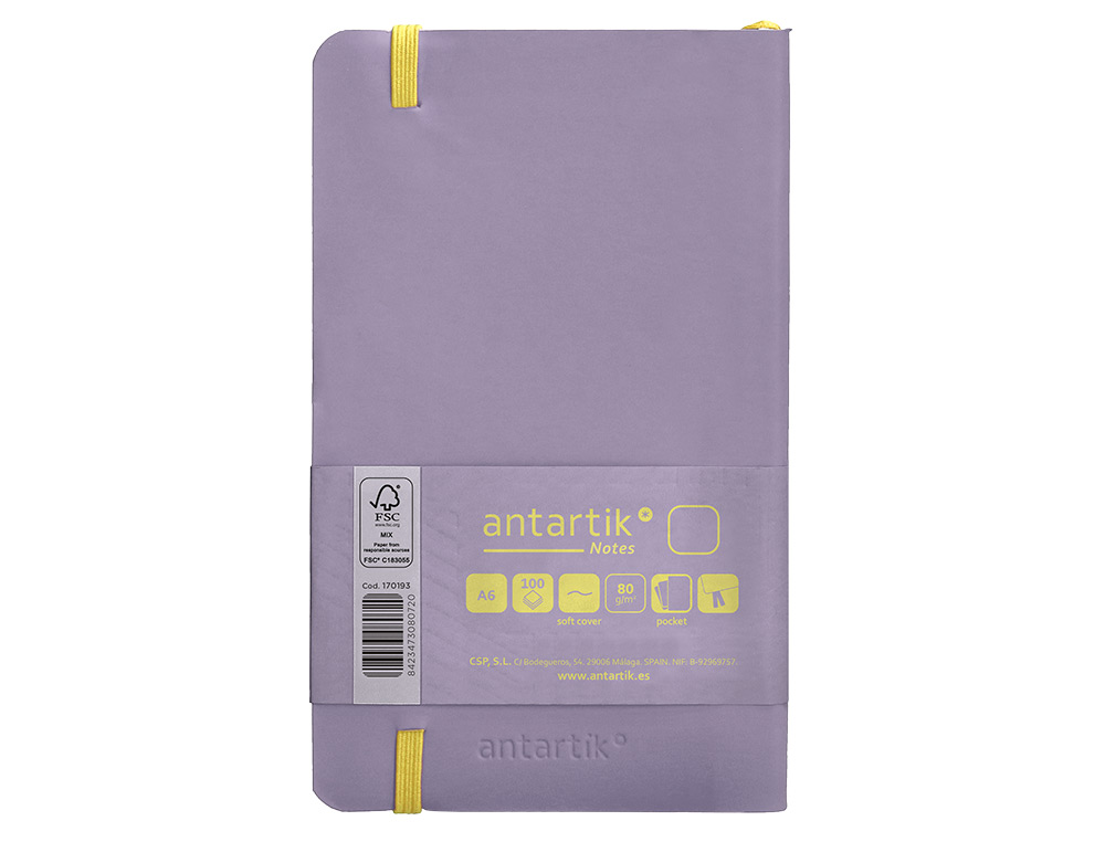 CADERNO COM ELASTICO ANTARTIK NOTES CAPA MOLE A6 LISO ROXO E AMARELO 100 FOLHAS 80 GR FSC