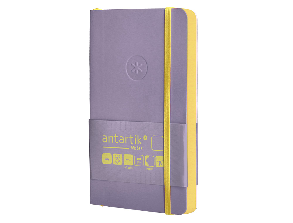 CADERNO COM ELASTICO ANTARTIK NOTES CAPA MOLE A6 LISO ROXO E AMARELO 100 FOLHAS 80 GR FSC