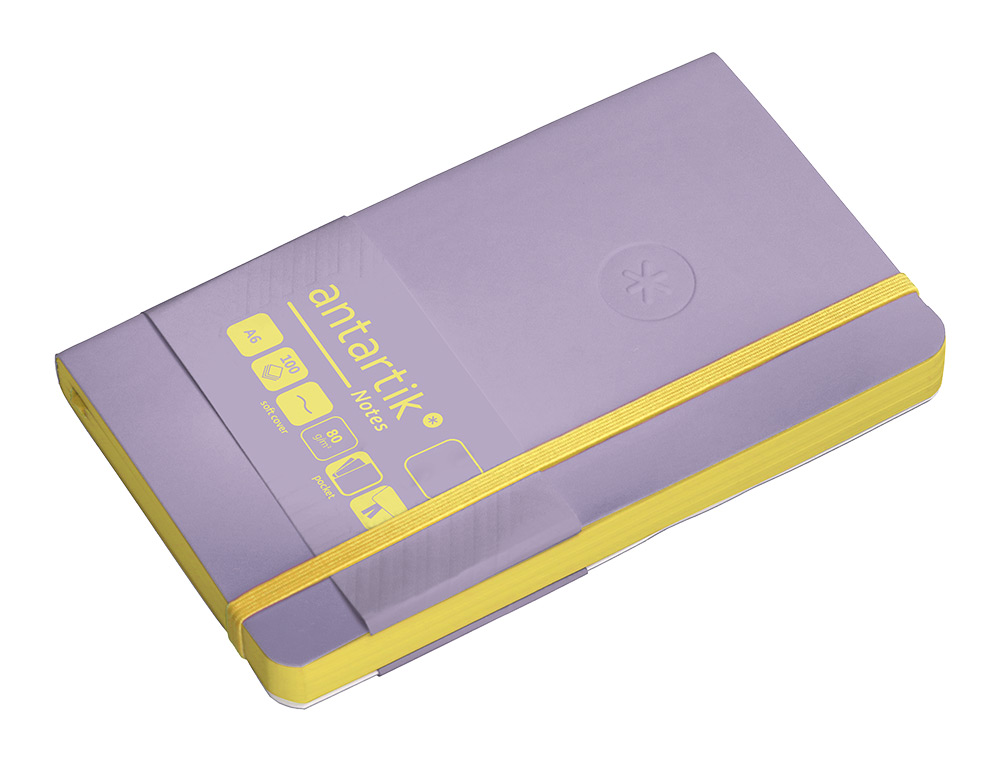 CADERNO COM ELASTICO ANTARTIK NOTES CAPA MOLE A6 LISO ROXO E AMARELO 100 FOLHAS 80 GR FSC