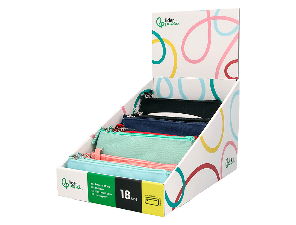 ESTOJO ESCOLAR LIDERPAPEL PLANO LARGO UM FECHO 200X100 MM EXPOSITOR CORES SORTIDAS 18 UNIDADES