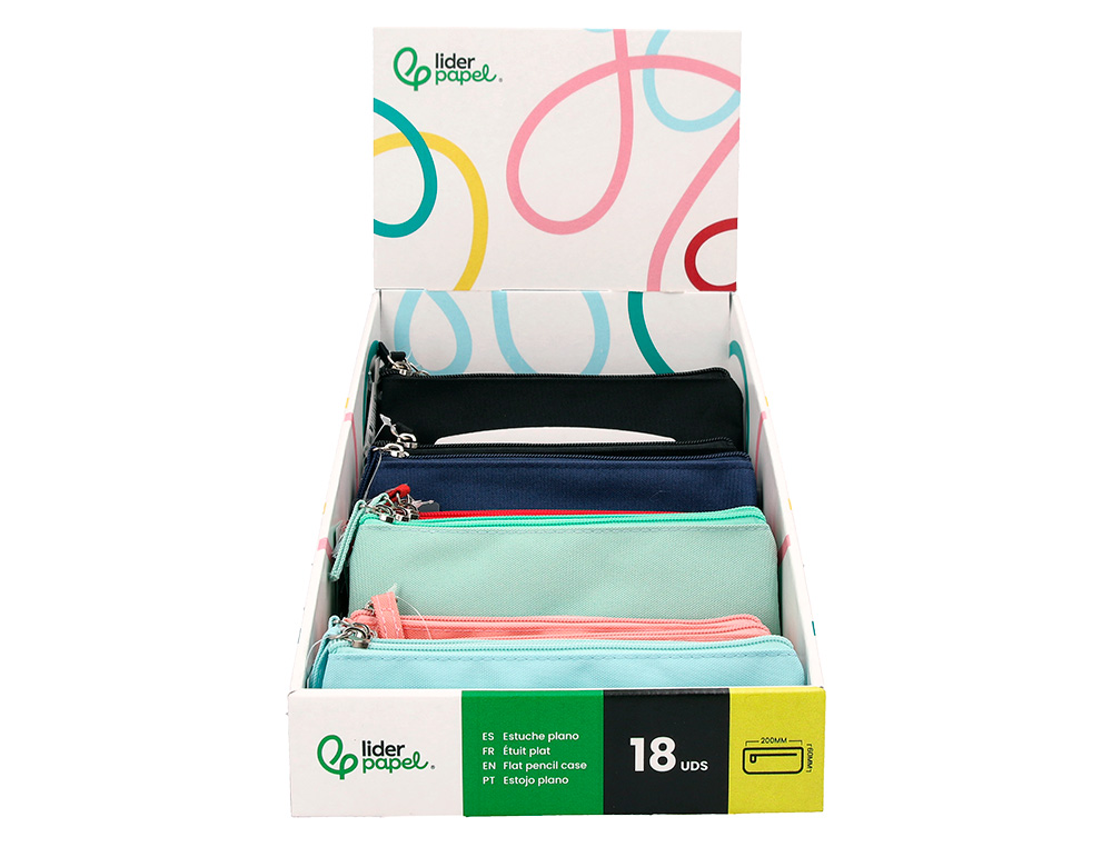 ESTOJO ESCOLAR LIDERPAPEL PLANO LARGO UM FECHO 200X100 MM EXPOSITOR CORES SORTIDAS 18 UNIDADES