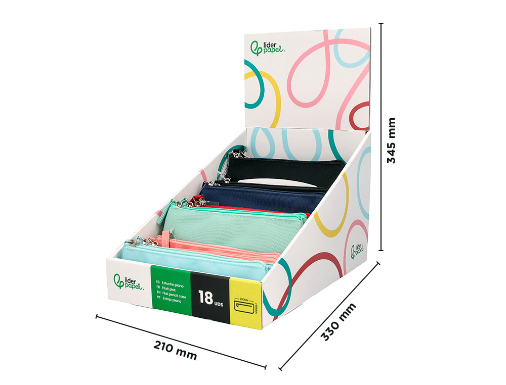 ESTOJO ESCOLAR LIDERPAPEL PLANO LARGO UM FECHO 200X100 MM EXPOSITOR CORES SORTIDAS 18 UNIDADES