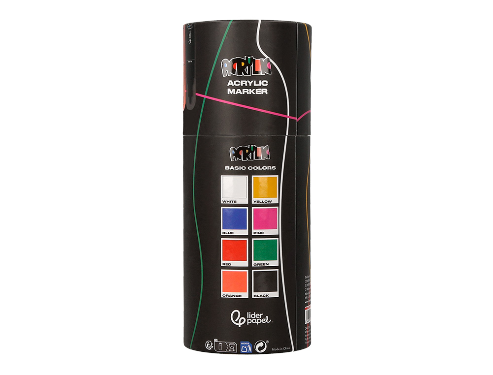 MARCADOR LIDERPAPEL ACRYLIC BASE AGUA TODO TIPO DE SUPERFICIE PONTA REDONDA 3 MM CAIXA DE 8 UNIDADES CORES