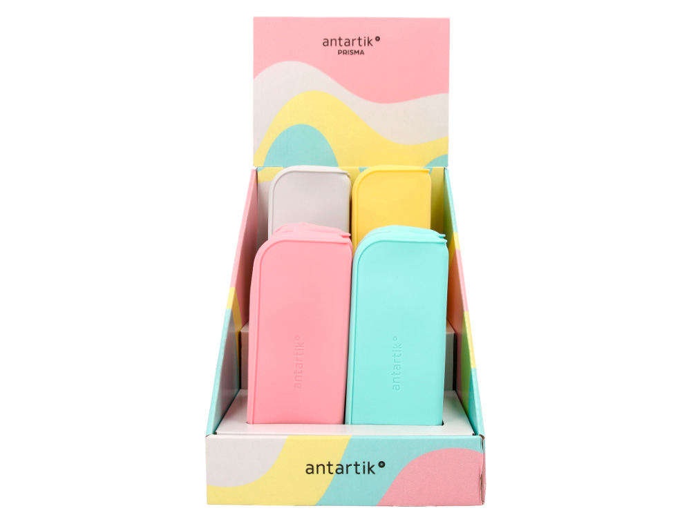 ESTOJO ESCOLAR ANTARTIK PRISMA SILICONE SOFT RETANGULAR 185X50X75 MM EXPOSITOR DE 8 UNIDADES CORES PASTEL