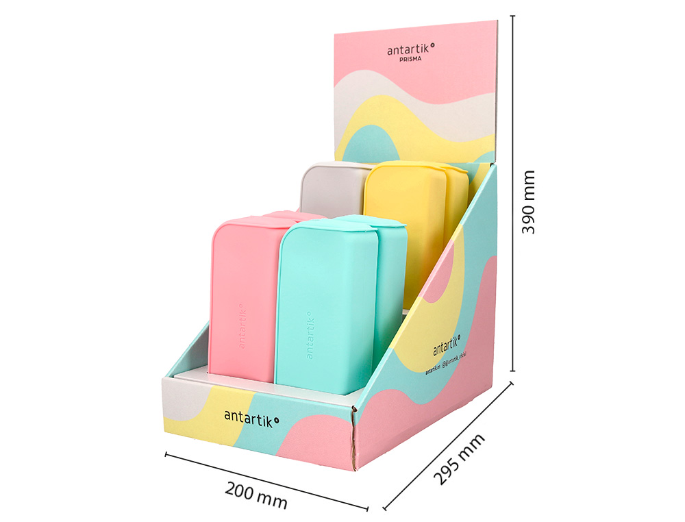 ESTOJO ESCOLAR ANTARTIK PRISMA SILICONE SOFT RETANGULAR 185X50X75 MM EXPOSITOR DE 8 UNIDADES CORES PASTEL