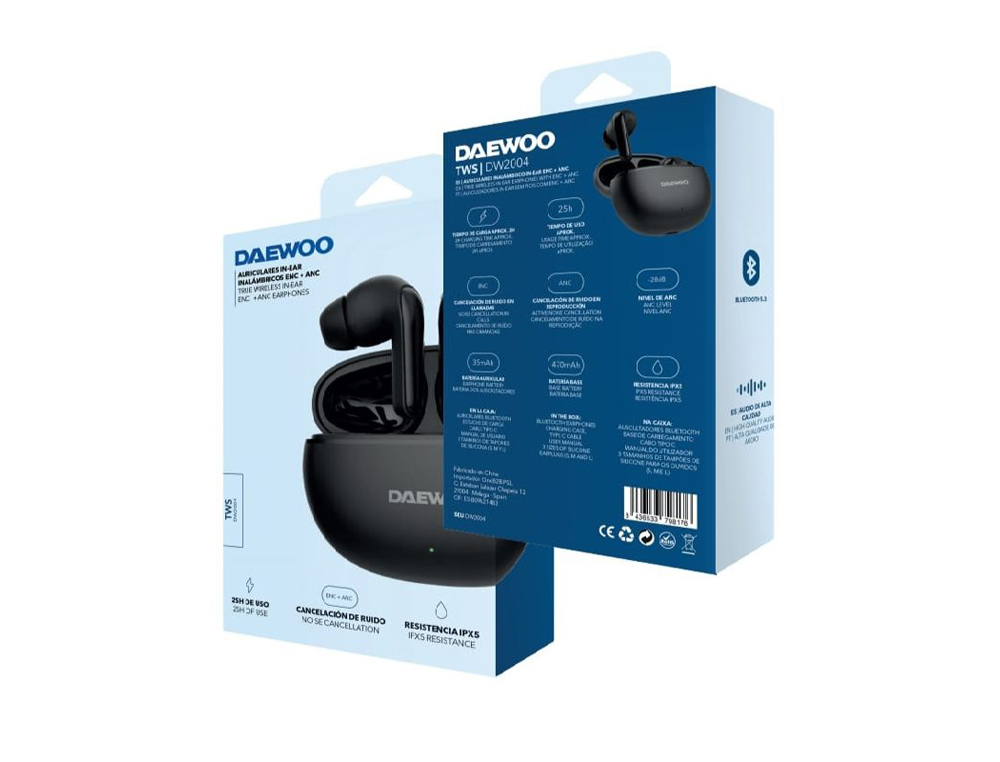 AURICULAR DAEWOO TWS IN-EAR BLUETOOTH 5.3 COM ESTOJO DE CARREGAMENTO USB TIPO-C AUTONOMIA 6 HORAS COR PRETO