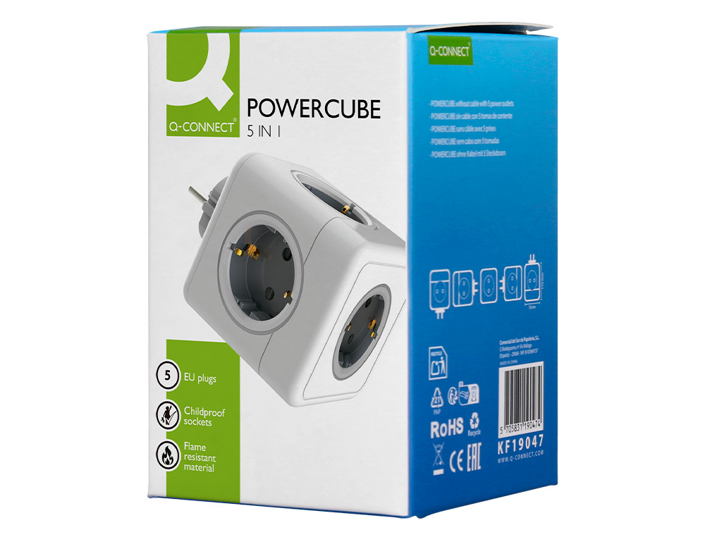 EXTENSAO Q-CONNECT EM CUBO MULTIPLA 5 EM 1 DIRETO PAREDE 5 TOMADAS DE CORRENTE 75X75X112MM