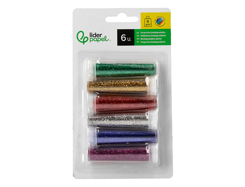 PURPURINA LIDERPAPEL BIODEGRADAVEL FANTASIA FRASCO DE 6 GR CORES METALICAS SORTIDAS BLISTER DE 6 UNIDADES