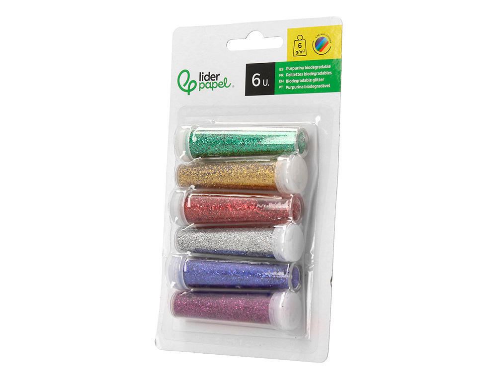 PURPURINA LIDERPAPEL BIODEGRADAVEL FANTASIA FRASCO DE 6 GR CORES METALICAS SORTIDAS BLISTER DE 6 UNIDADES