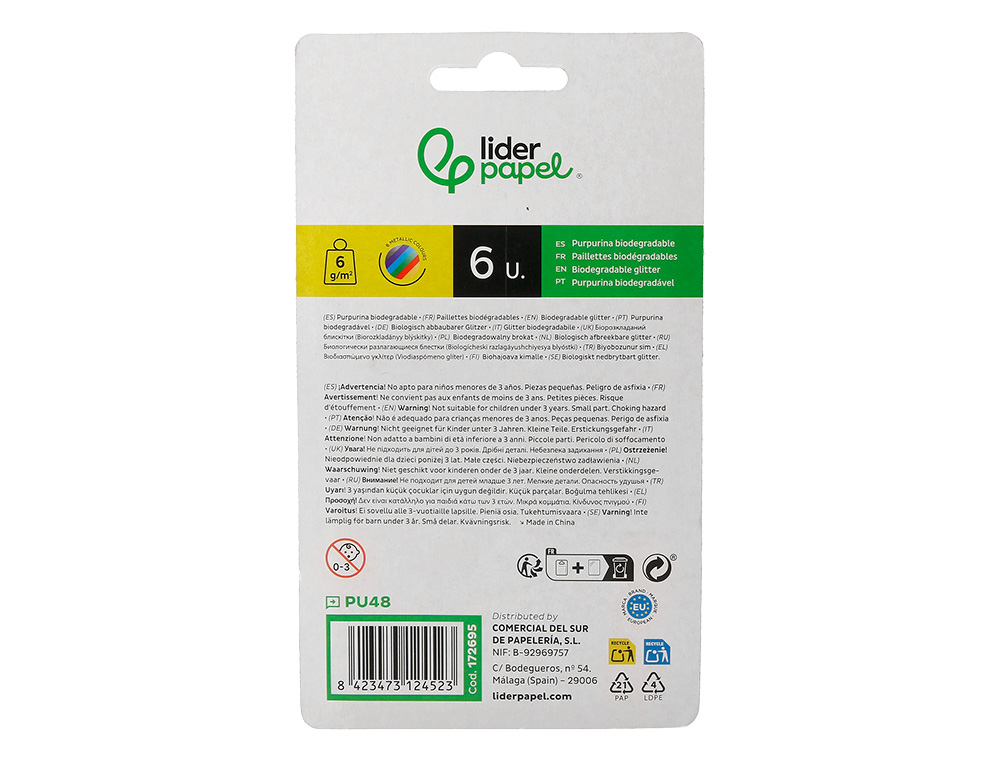 PURPURINA LIDERPAPEL BIODEGRADAVEL FANTASIA FRASCO DE 6 GR CORES METALICAS SORTIDAS BLISTER DE 6 UNIDADES