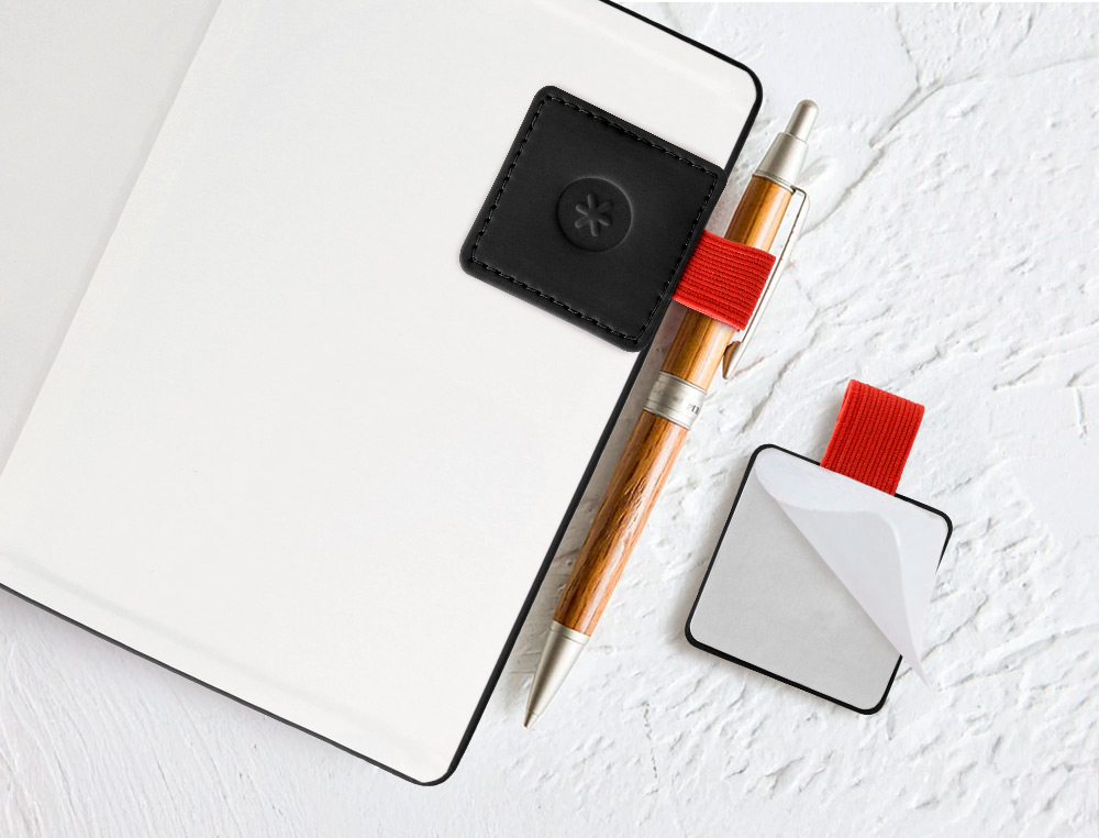 PORTABOLIGRAFO AUTOADHESIVO ANTARTIK PARA CUADERNO NOTE CON ELASTICO HASTA 15 MM GROSOR 80 MM NEGRO Y ROJO