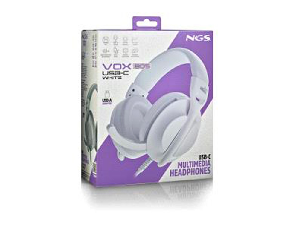 AURICULARES NGS VOX805 COM CABO STEREO USB-C COM CONTROLO DE VOLUME E ADAPTADOR USB COR BRANCO