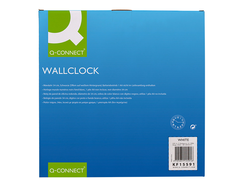RELOGIO Q-CONNECT DE PAREDE REDONDO EM PLASTICO DIAMETRO 35 CM ARO BRANCO