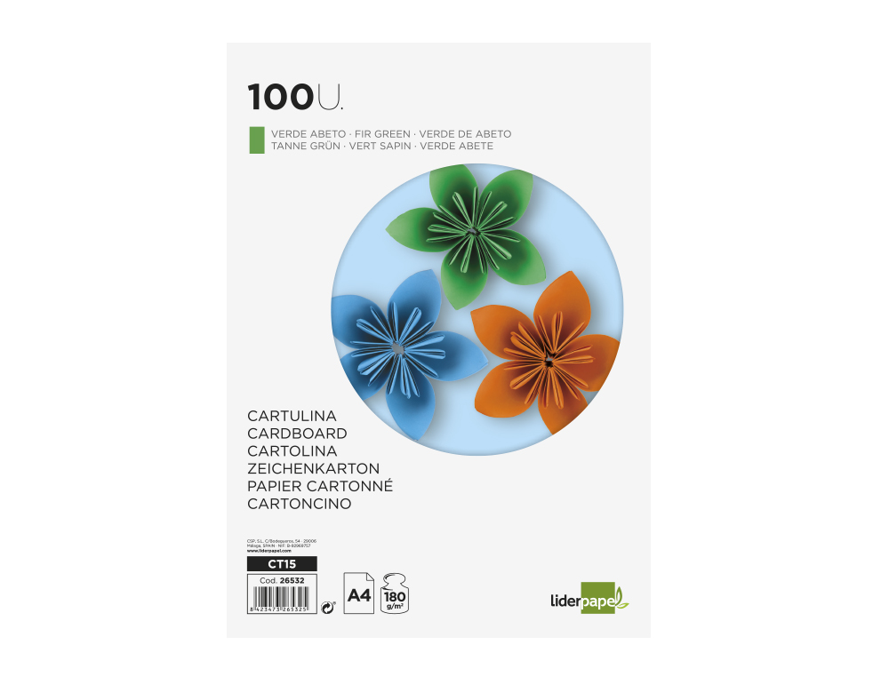 CARTOLINA LIDERPAPEL DIN A4 180 GR VERDE ESCURO PACK DE 100 UNIDADES