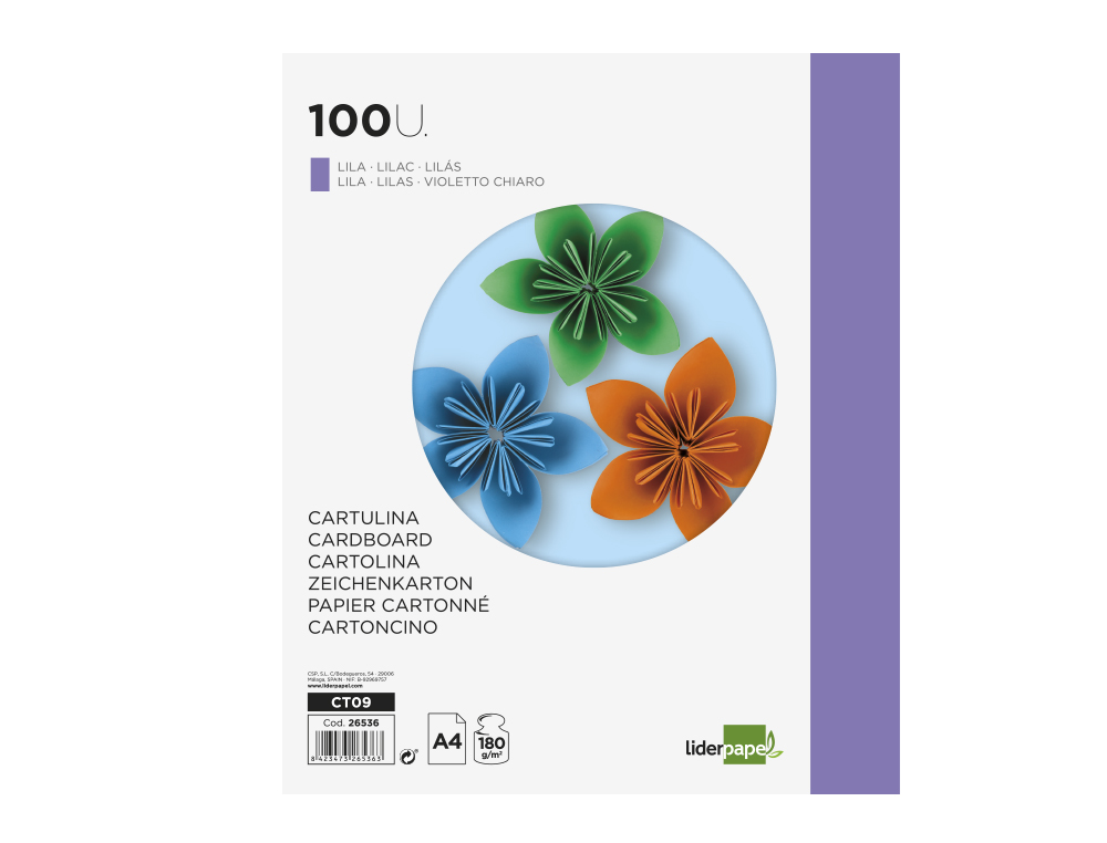 CARTOLINA LIDERPAPEL DIN A4 180 GR LILAS PACK DE 100 UNIDADES