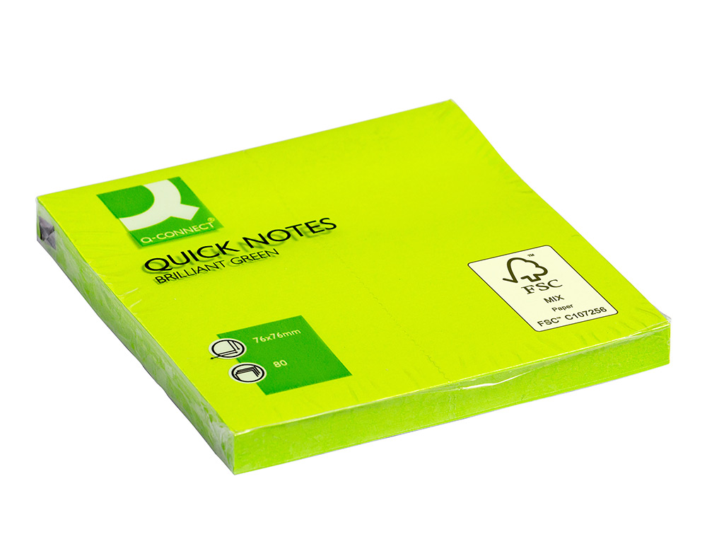 BLOCO DE NOTAS ADESIVAS Q-CONNECT VERDE FLUORESCENTE 76 X 76 MM COM 80 FOLHAS