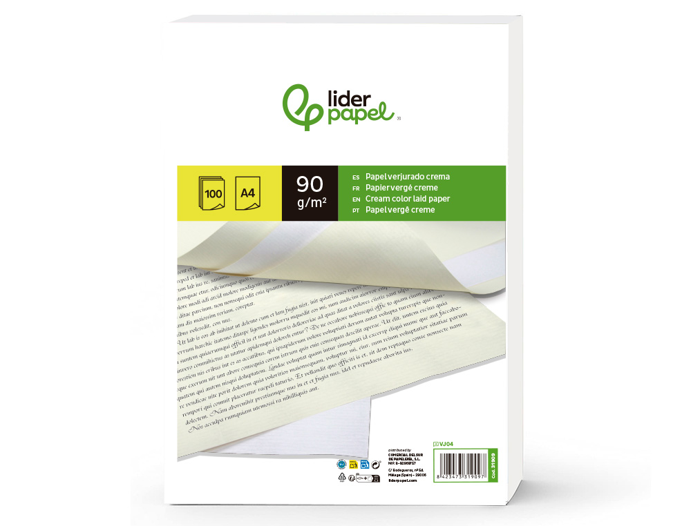 PAPEL VERGE LIDERPAPEL DIN A4 90 GR CREME EMBALAGEM DE 100 FOLHAS