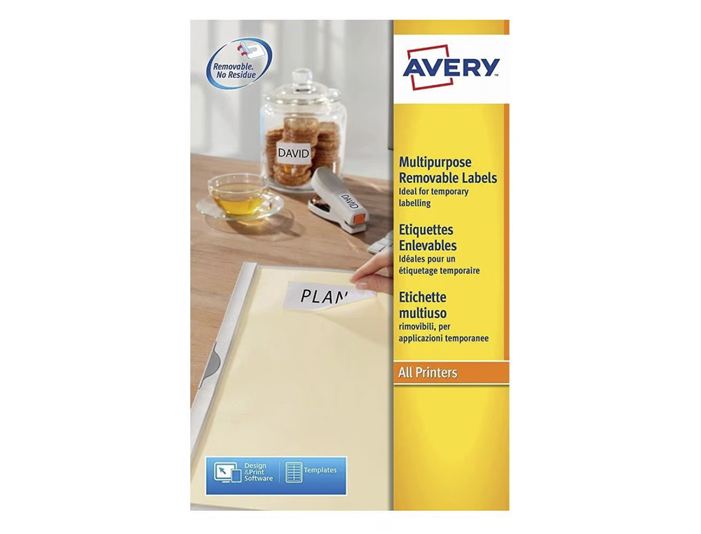 ETIQUETAS ADESIVAS DIN A4 REMOVIVEIS, PACK DE 25, 25,4 X 10 MM