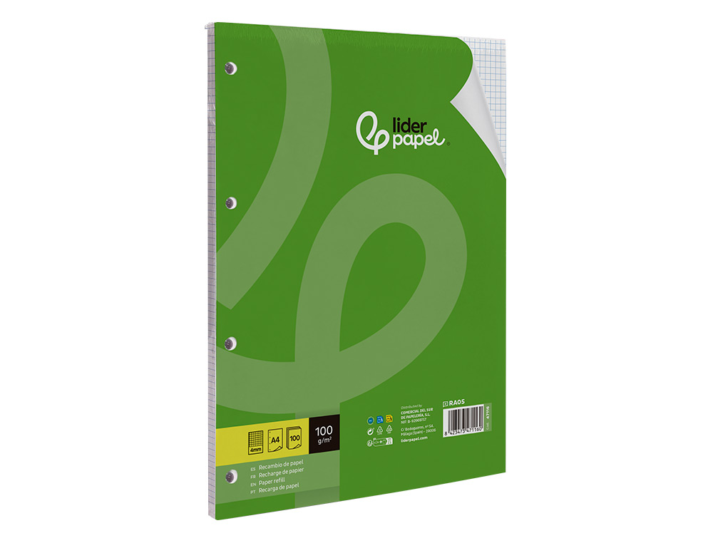 RECARGA LIDERPAPEL DIN A4 100 FOLHAS 100G/M2 QUADRICULA 4MM COM MARGEM 4 FUROS
