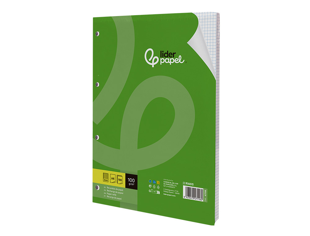 RECARGA LIDERPAPEL DIN A4 100 FOLHAS 100G/M2 QUADRICULA 4MM COM MARGEM 4 FUROS