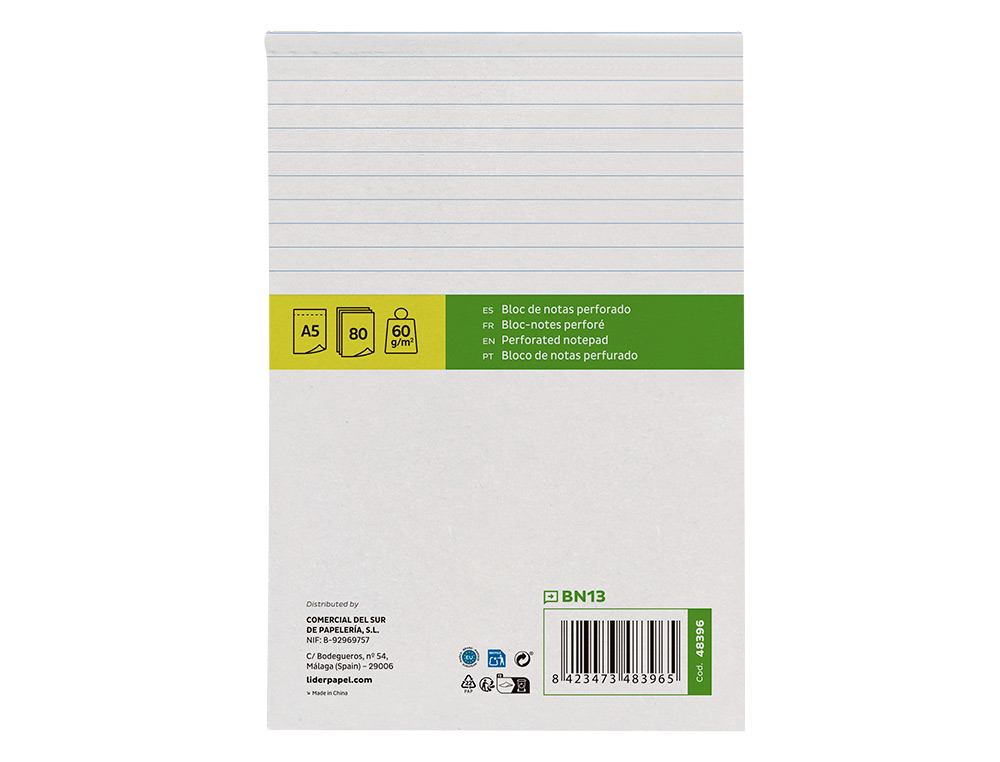 BLOCO DE APONTAMENTOS LIDERPAPEL DIN A5 80 F PAUTADO