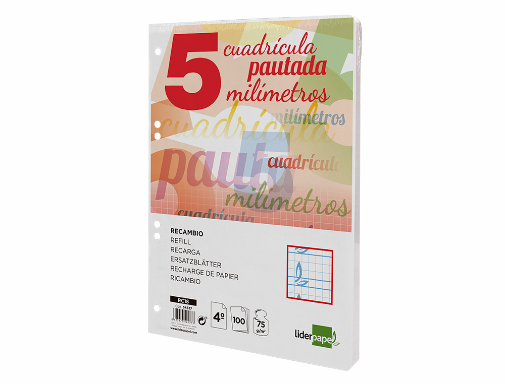 RECAMBIO LIDERPAPEL CUARTO 100 H CUADRICULADO PAUTADO 5 MM 6 TALADROS UNIVERSAL 60 GR
